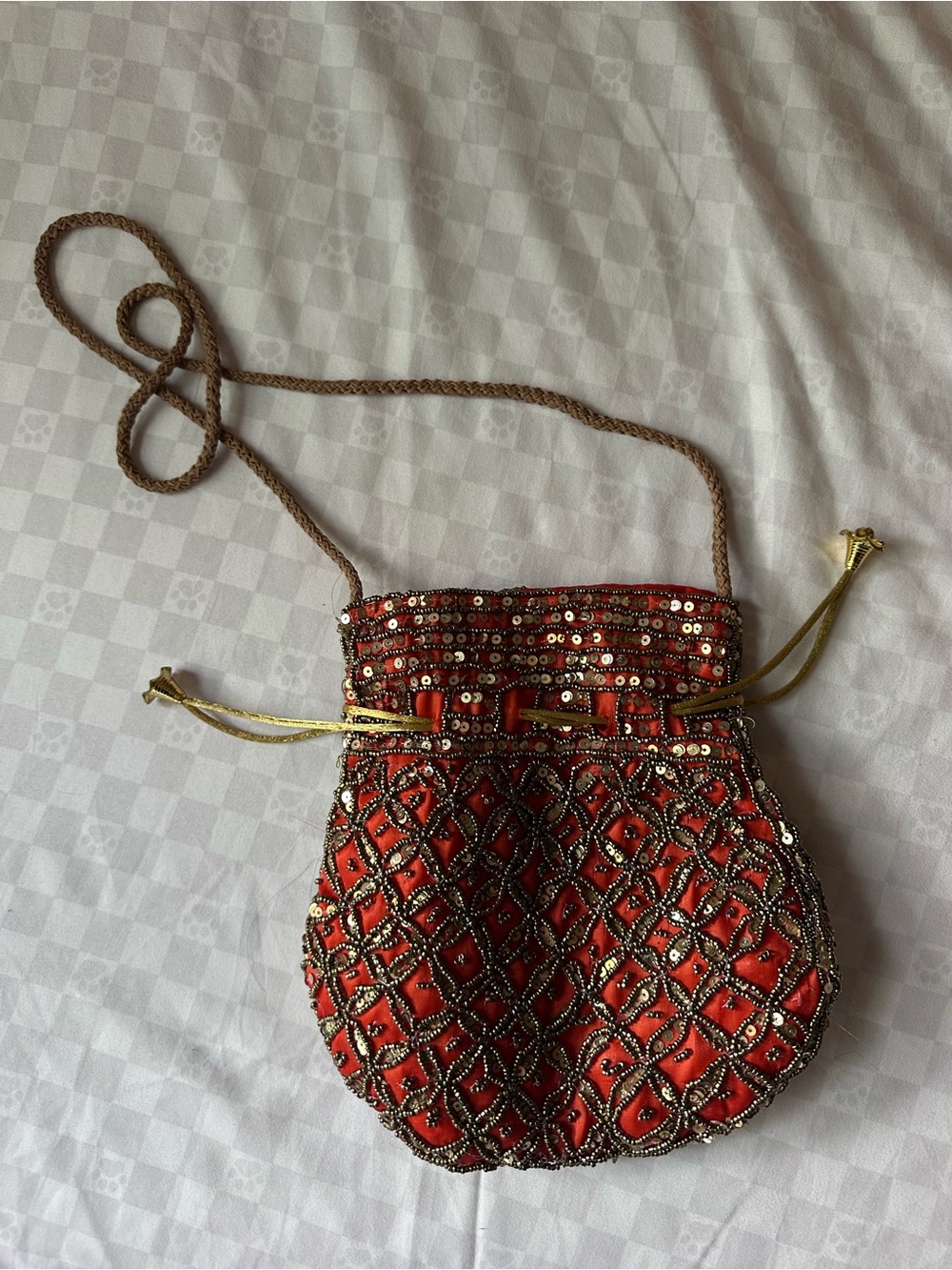 Handmade Orange Beaded & Sequined Potli Drawstring Crossbody Bag - Picture 2 of 4